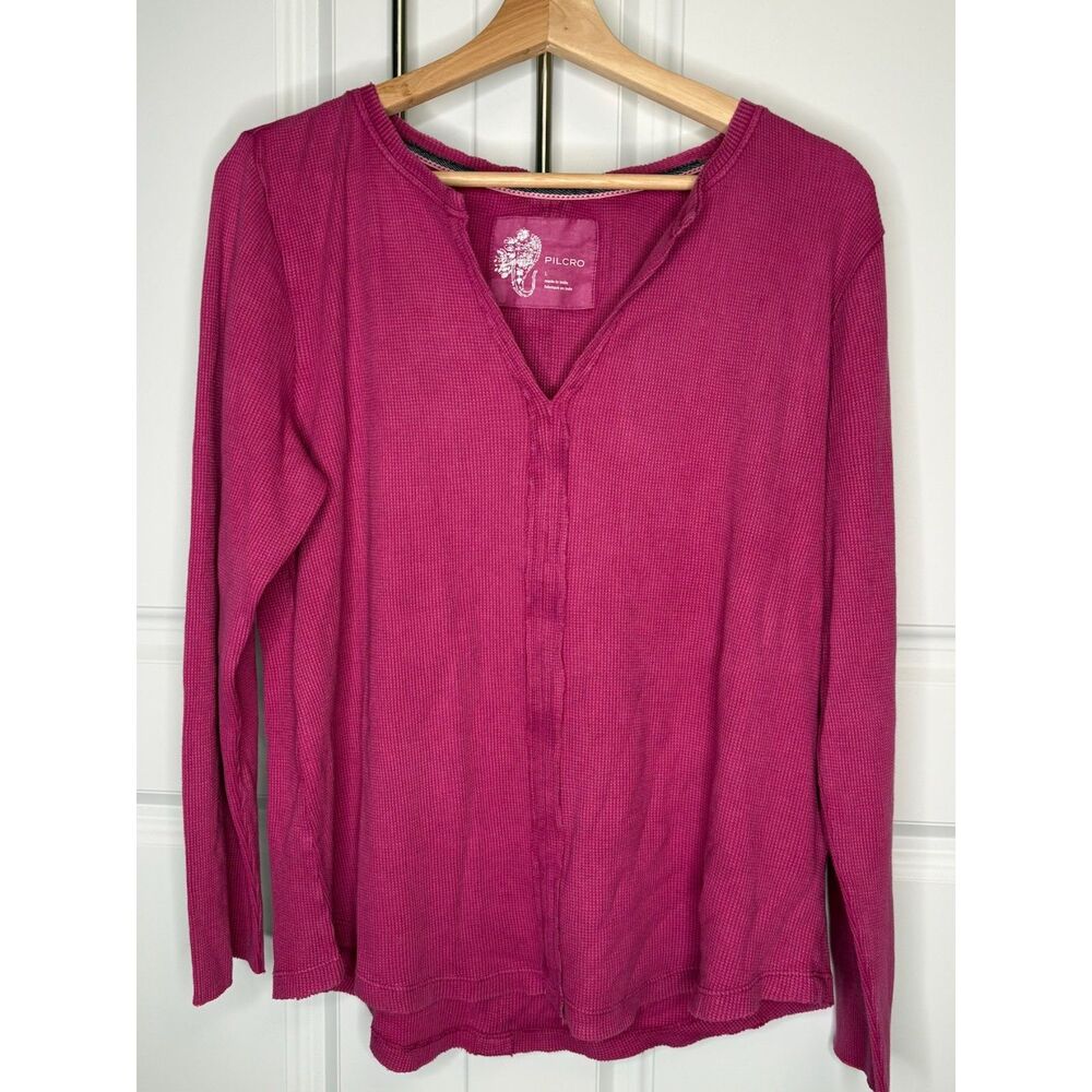 Pilcro by Anthropologie Waffle Knit Long Sleeve Top Women's Large Pink V-Neck